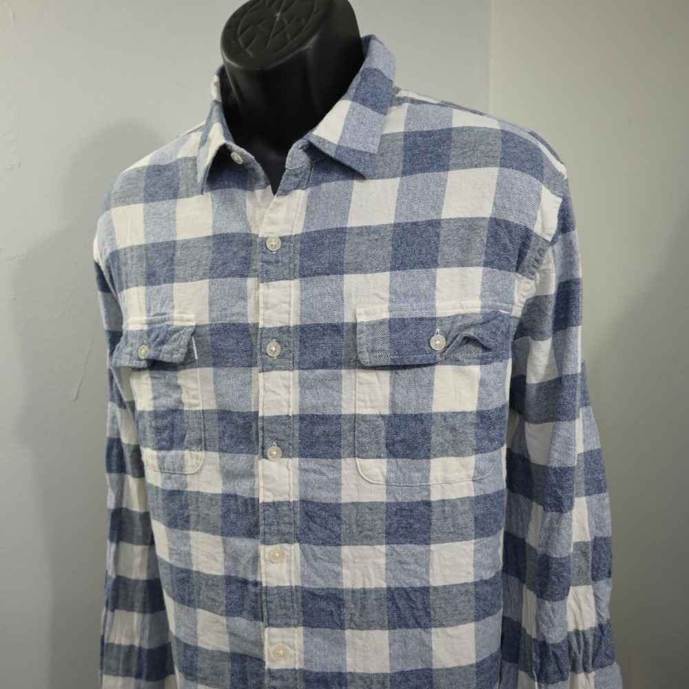Lucky Brand Button Up Mens XL Blue White Buffalo Plaid Long Sleeve Flannel Shirt